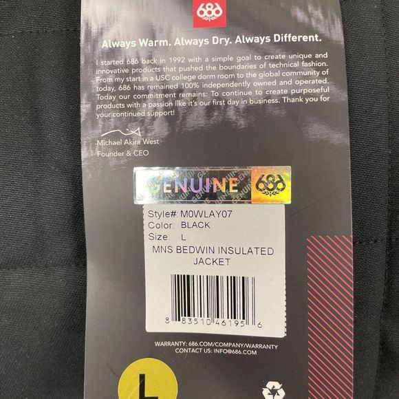 686 Bedwin Men's Black Large Snowboard Hoodie Insulated Jacket For Winter ss417 - Picture 5 of 10